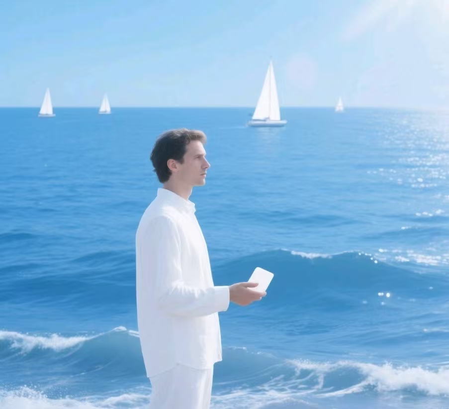 White in front of the blue ocean