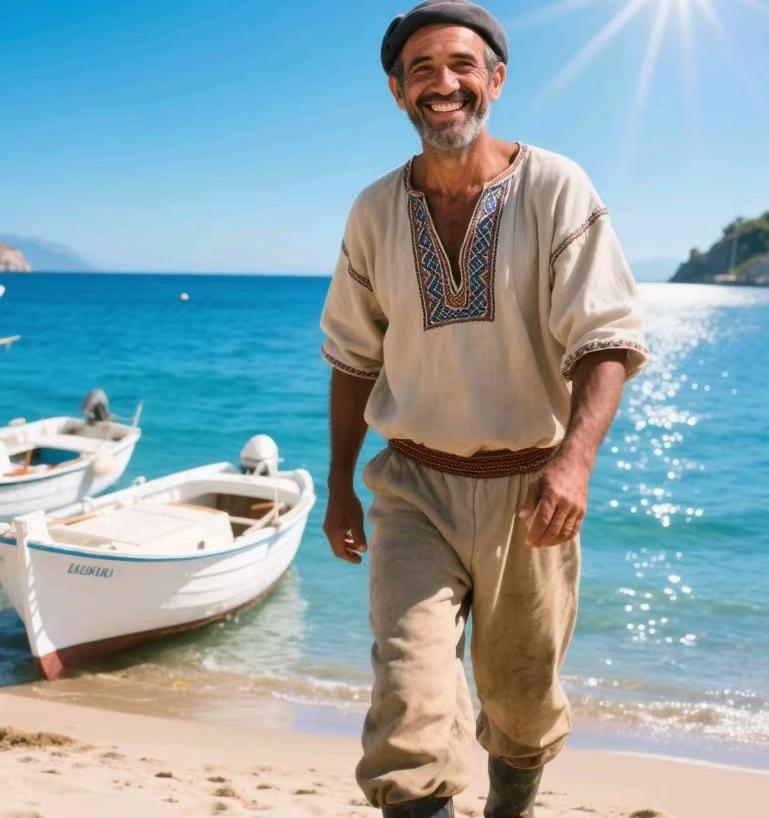 Look at fisher man of Greece, he looks happy